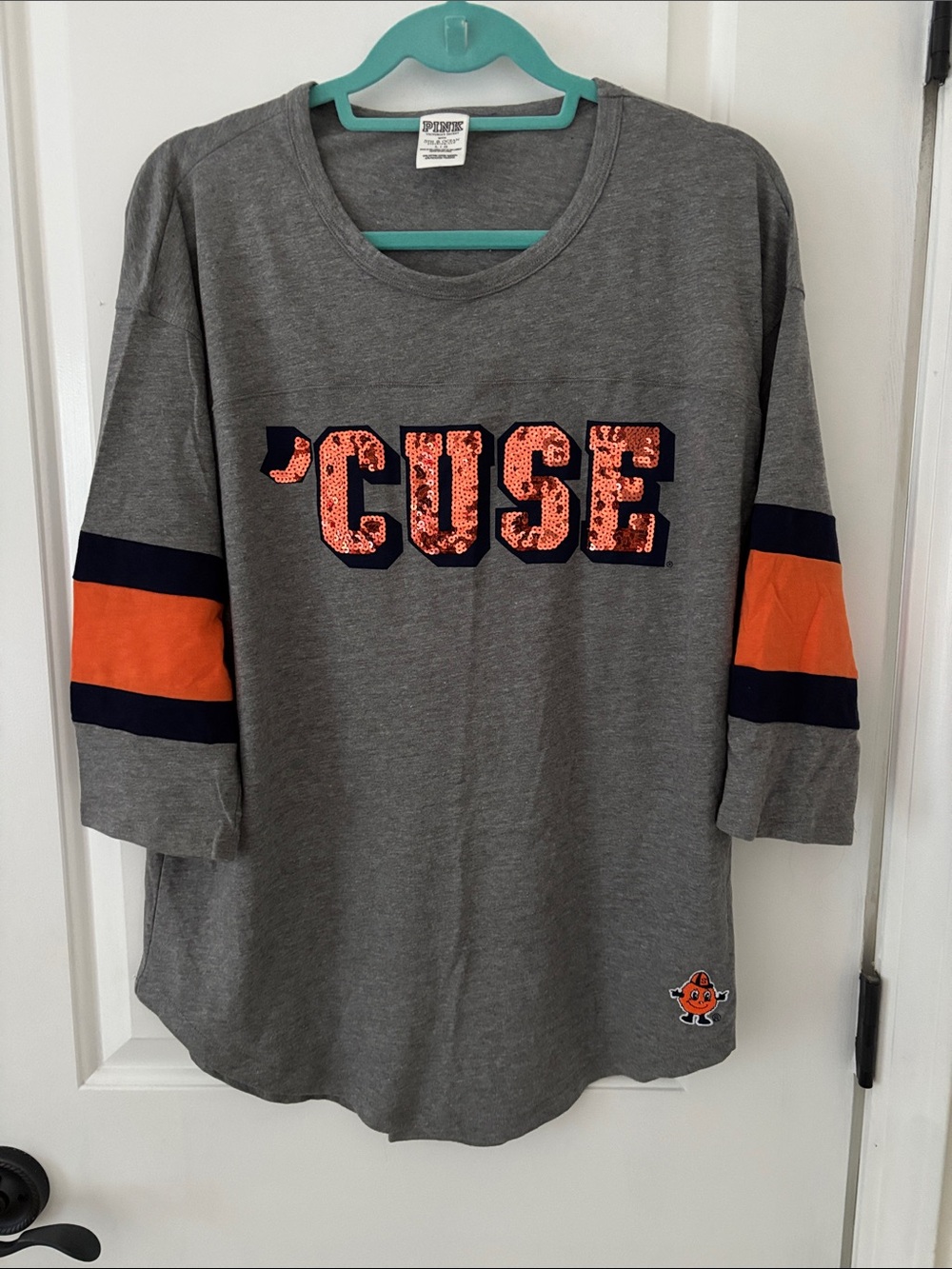 PINK Victoria's Secret Gray Long Sleeve Tee with Orange Sequin 'CUSE'